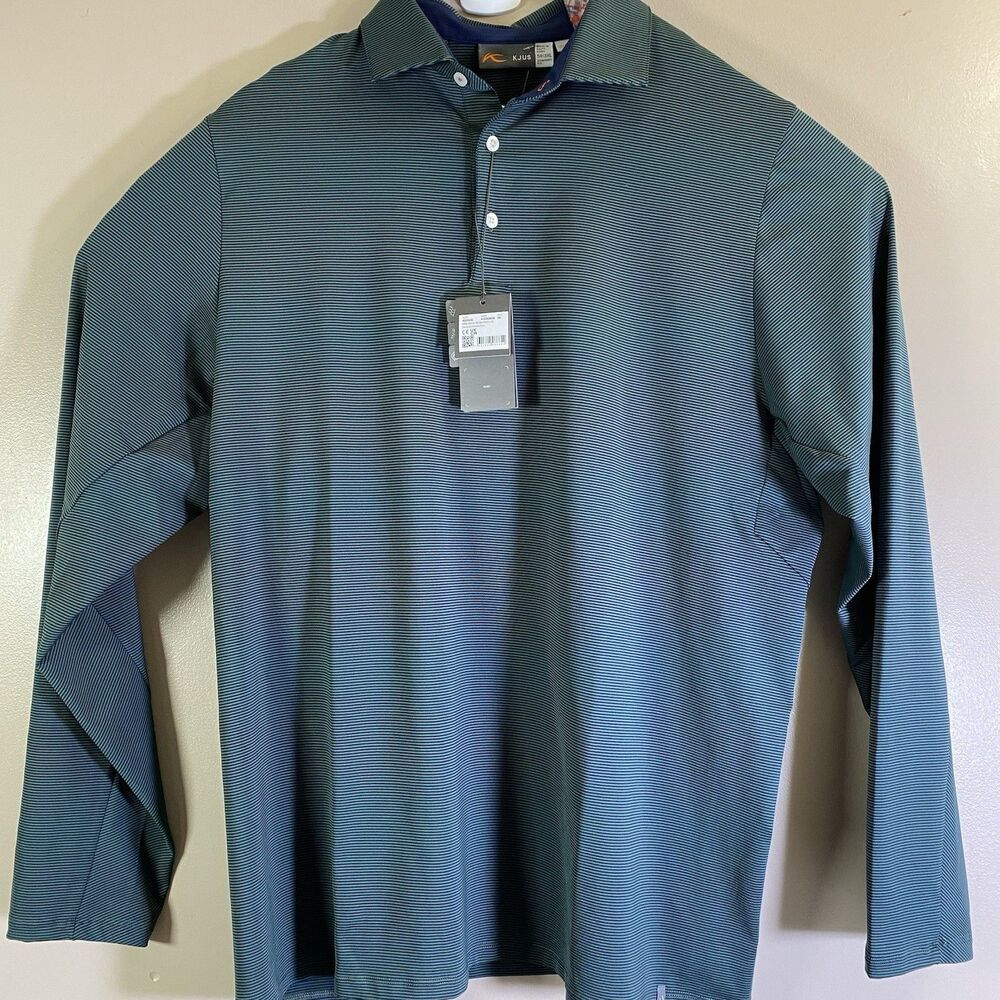 KJUS Soren Stripe Long Sleeve Golf Polo Shirt Mens 3XL 58 Blue Green Performance